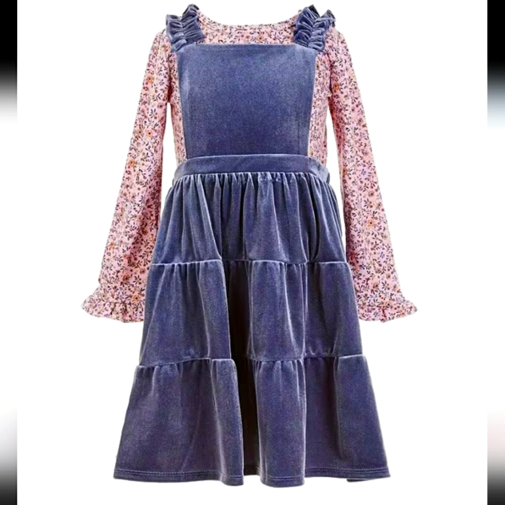 Bonnie JeanLittle Girls Sleeveless Velvet Jumper Dress & Long Sleeve Floral Y2K
